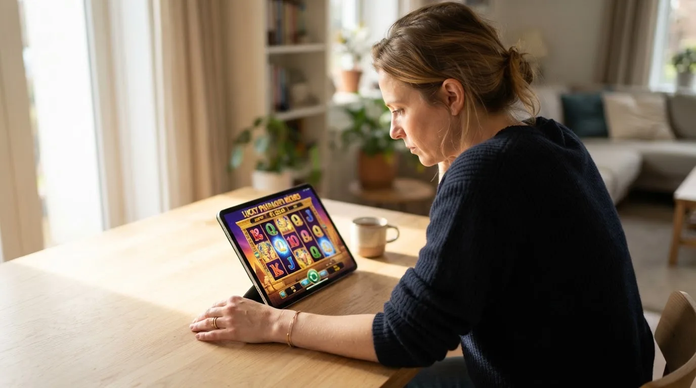 Frau sitzt am Wohnzimmertisch und schaut konzentriert auf ihr Tablet, Nachmittagslicht durchs Fenster.